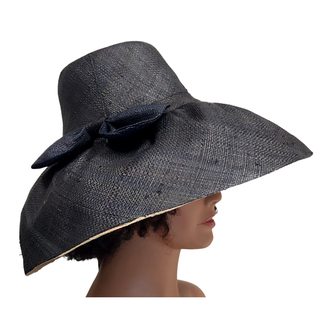 Abagbe: Madagascar Big Brim Raffia Sun Hat (Mannequin, Side View, Full Umbrella)