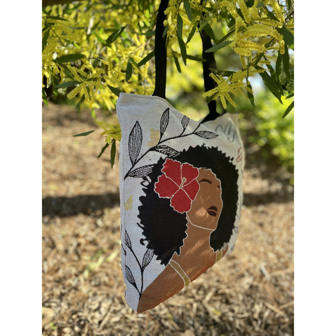 Blossom and Grow: African American Woven Tote Bag by Janine Robinson (Lifestyle 2)