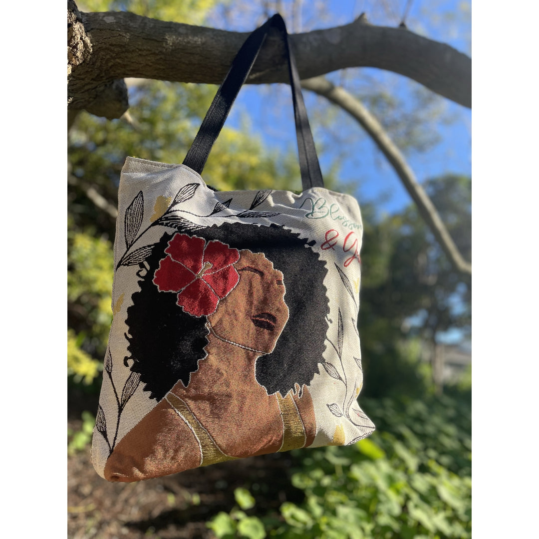 Blossom and Grow: African American Woven Tote Bag by Janine Robinson (Lifestyle 4)