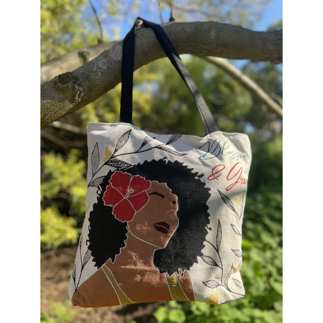 Blossom and Grow: African American Woven Tote Bag by Janine Robinson (Lifestyle 5)