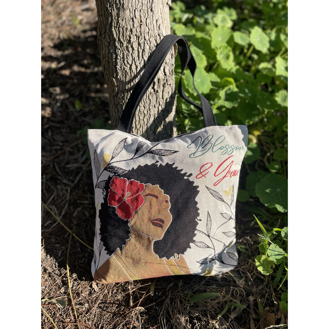 Blossom and Grow: African American Woven Tote Bag by Janine Robinson (Lifestyle)