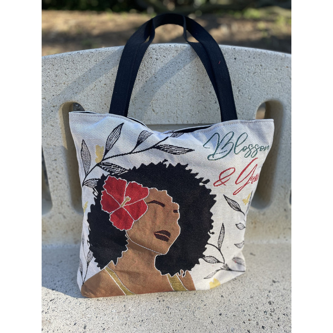 Blossom and Grow: African American Woven Tote Bag by Janine Robinson (Lifestyle 3)