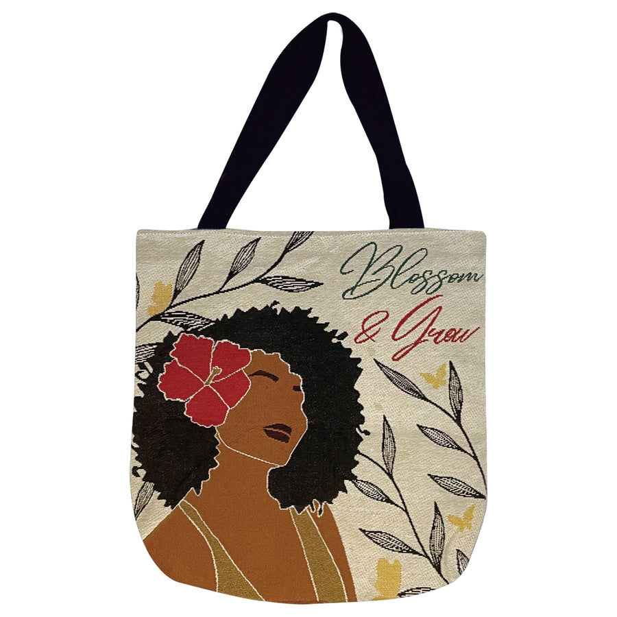 Blossom and Grow: African American Woven Tote Bag by Janine Robinson