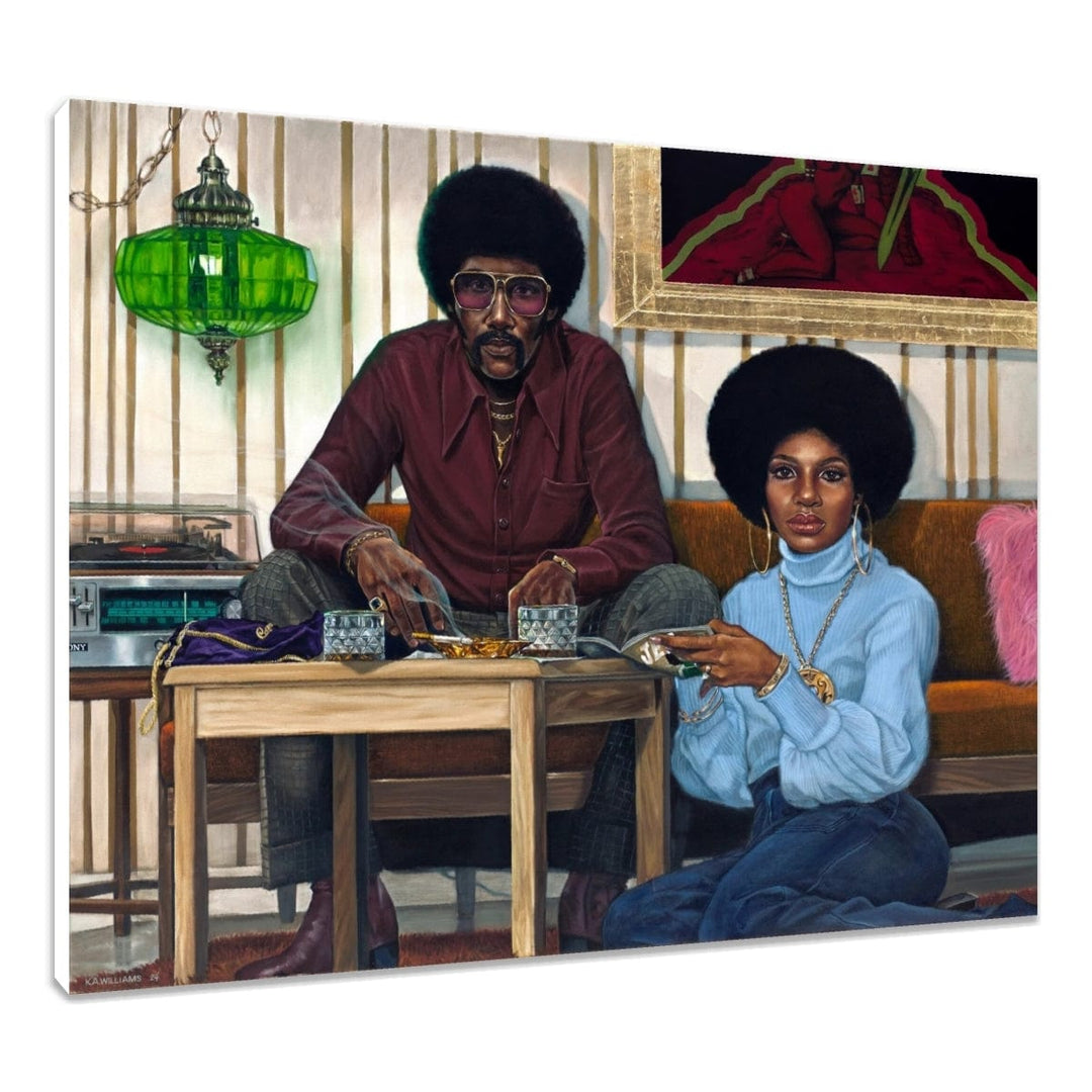 Boogie Wonderland by K.A. Williams  II (WAK) depicting 70s couple with afros, burgundy boots, pink ring, Jet magazine and Crown Royal bag - stretched canvas