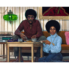 Boogie Wonderland by K.A. Williams  II (WAK) depicting 70s couple with afros, burgundy boots, pink ring, Jet magazine and Crown Royal bag