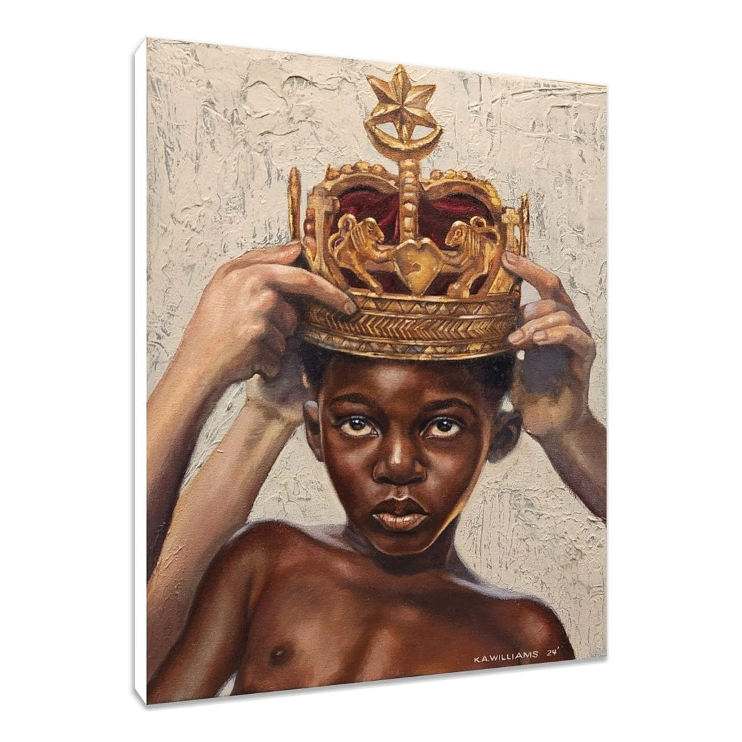 Born King by K.A. Williams features young Black boy with golden crown being placed on his head by caring hands, symbolizing community-affirmed royal heritage. - stretched canvas