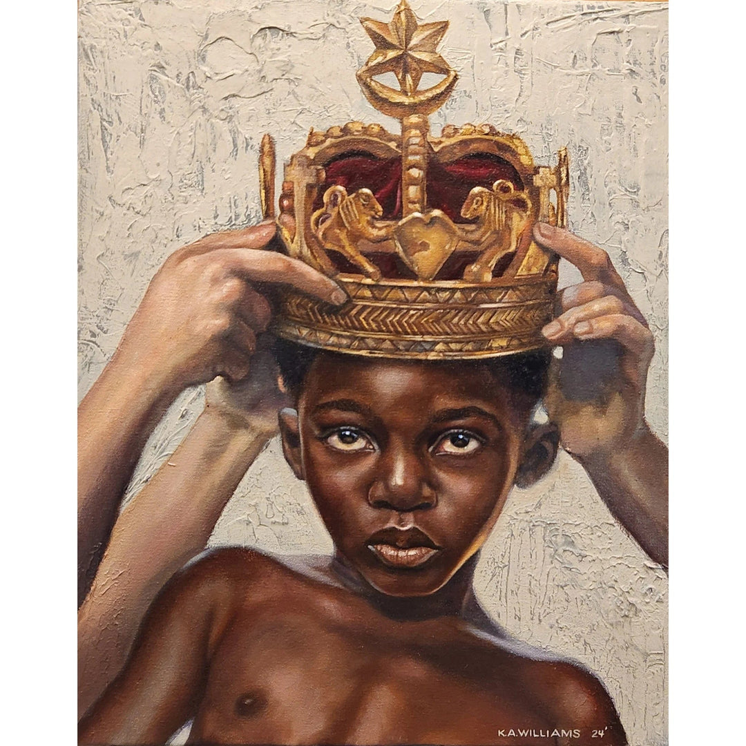 Born King by K.A. Williams features young Black boy with golden crown being placed on his head by caring hands, symbolizing community-affirmed royal heritage.