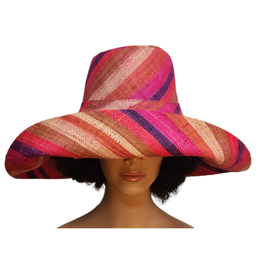 Cynthia: Authentic Hand Woven Multicolor Madagascar Big Brim Raffia Sun Hat (Mannequin, Front)