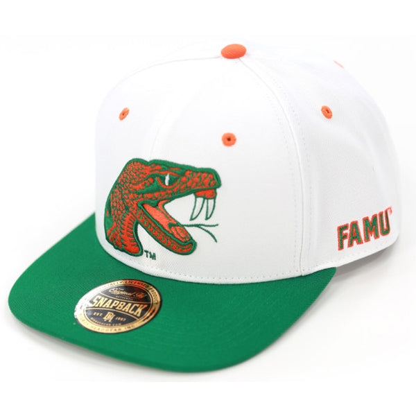 Florida A&M University Rattlers Snapback Baseball Cap (White, Front)