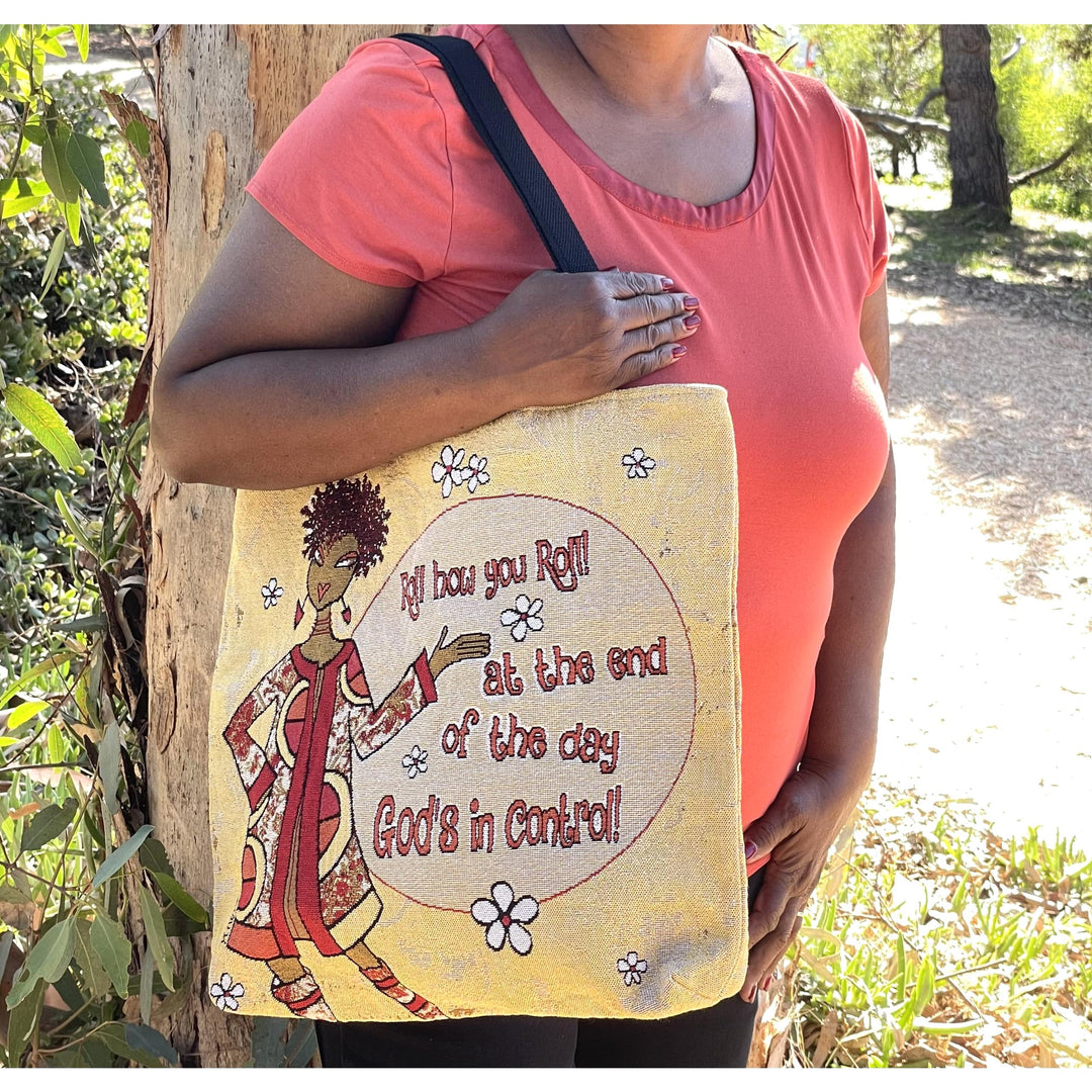 God's in Control: African American Woven Tote Bag by Kiwi McDowell (Lifestyle 2)