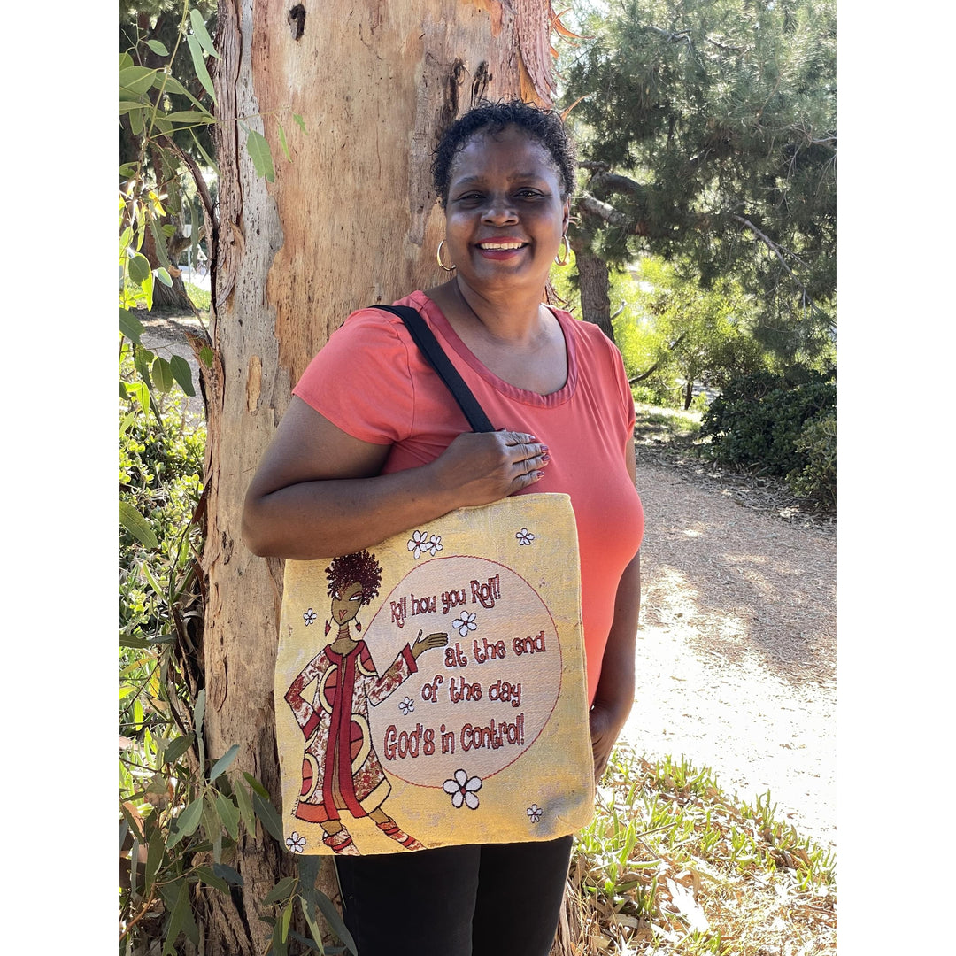 God's in Control: African American Woven Tote Bag by Kiwi McDowell (Lifestyle 3)