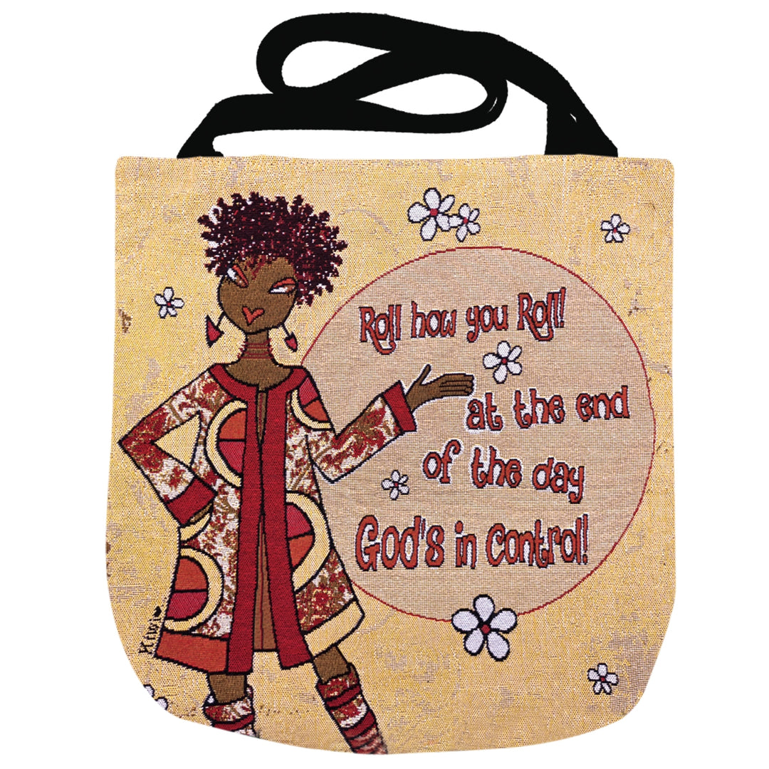 God's in Control: African American Woven Tote Bag by Kiwi McDowell