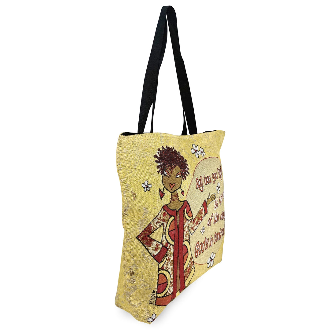 God's in Control: African American Woven Tote Bag by Kiwi McDowell (Side)