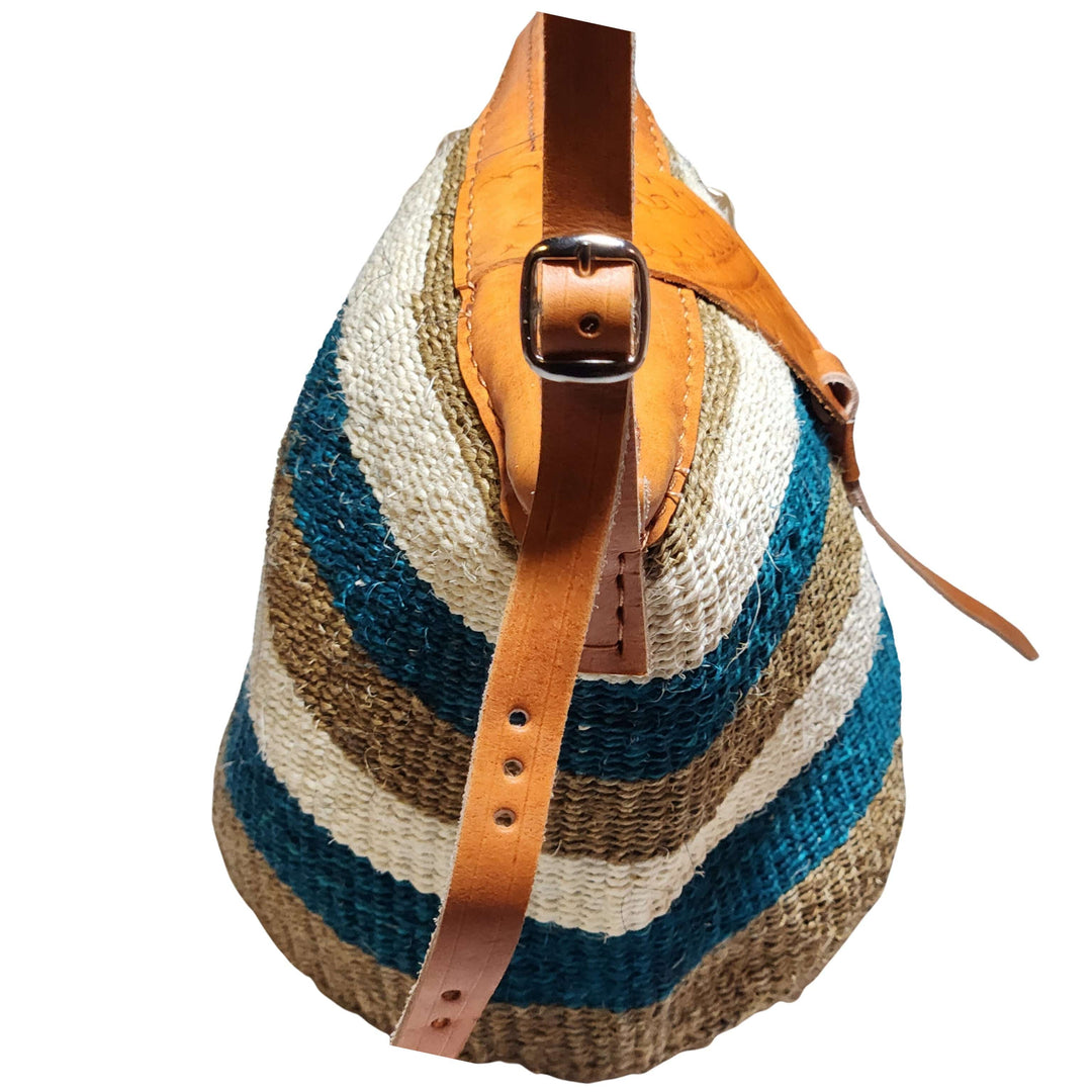 Nanyori: Authentic Hand Woven Sisal and Leather Kenyan Kiondo (Adjustable Strap Buckle View - Brown, Teal and Natural Colors)