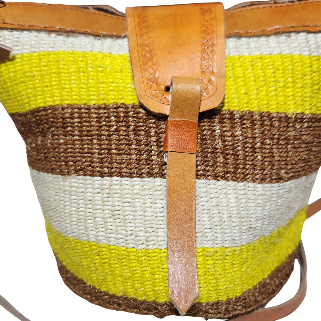 Nanyori: Authentic Hand Woven Sisal and Leather Kenyan Kiondo (Detail Front View - Brown, Yellow and Natural Colors)