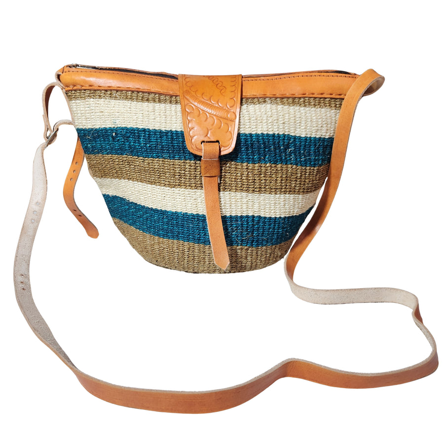 Nanyori: Authentic Hand Woven Sisal and Leather Kenyan Kiondo (Front View - Brown, Teal and Natural Colors)