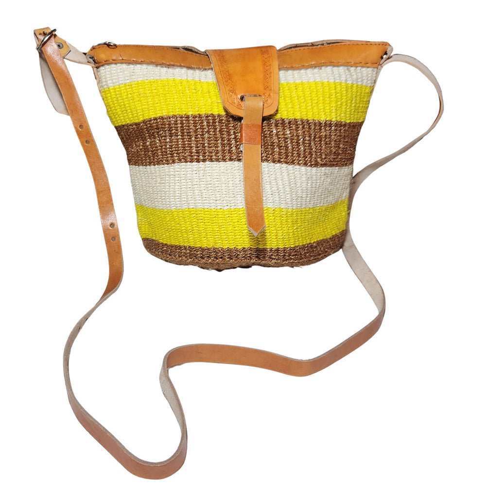 Nanyori: Authentic Hand Woven Sisal and Leather Kenyan Kiondo (Front View - Brown, Yellow and Natural Colors)