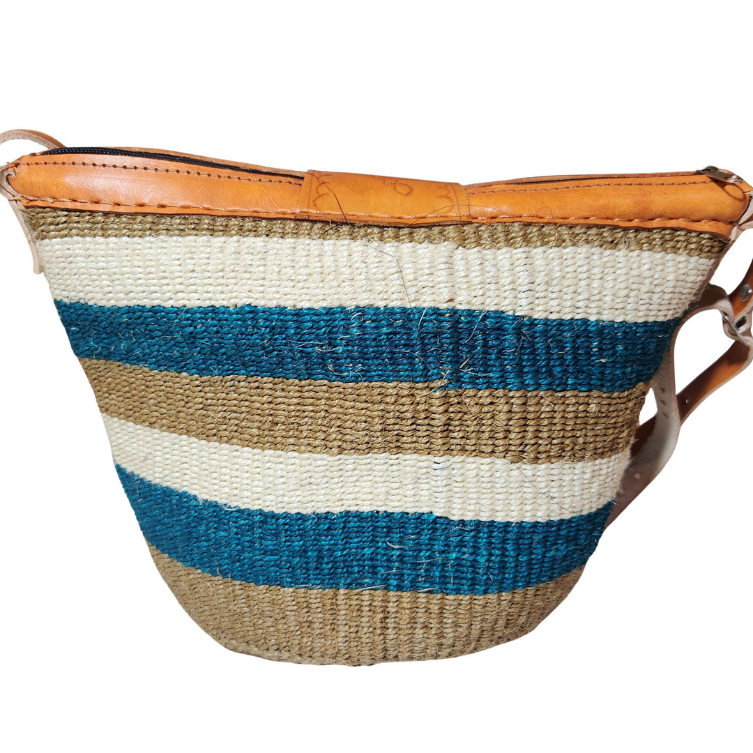 Nanyori: Authentic Hand Woven Sisal and Leather Kenyan Kiondo (Rear View - Brown, Teal and Natural Colors)