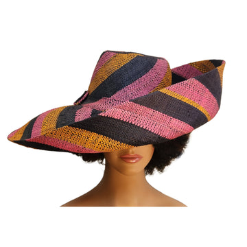 Margaret: Authentic Hand Woven Multicolor Madagascar Big Brim Raffia Sun Hat (Mannequin, Front)