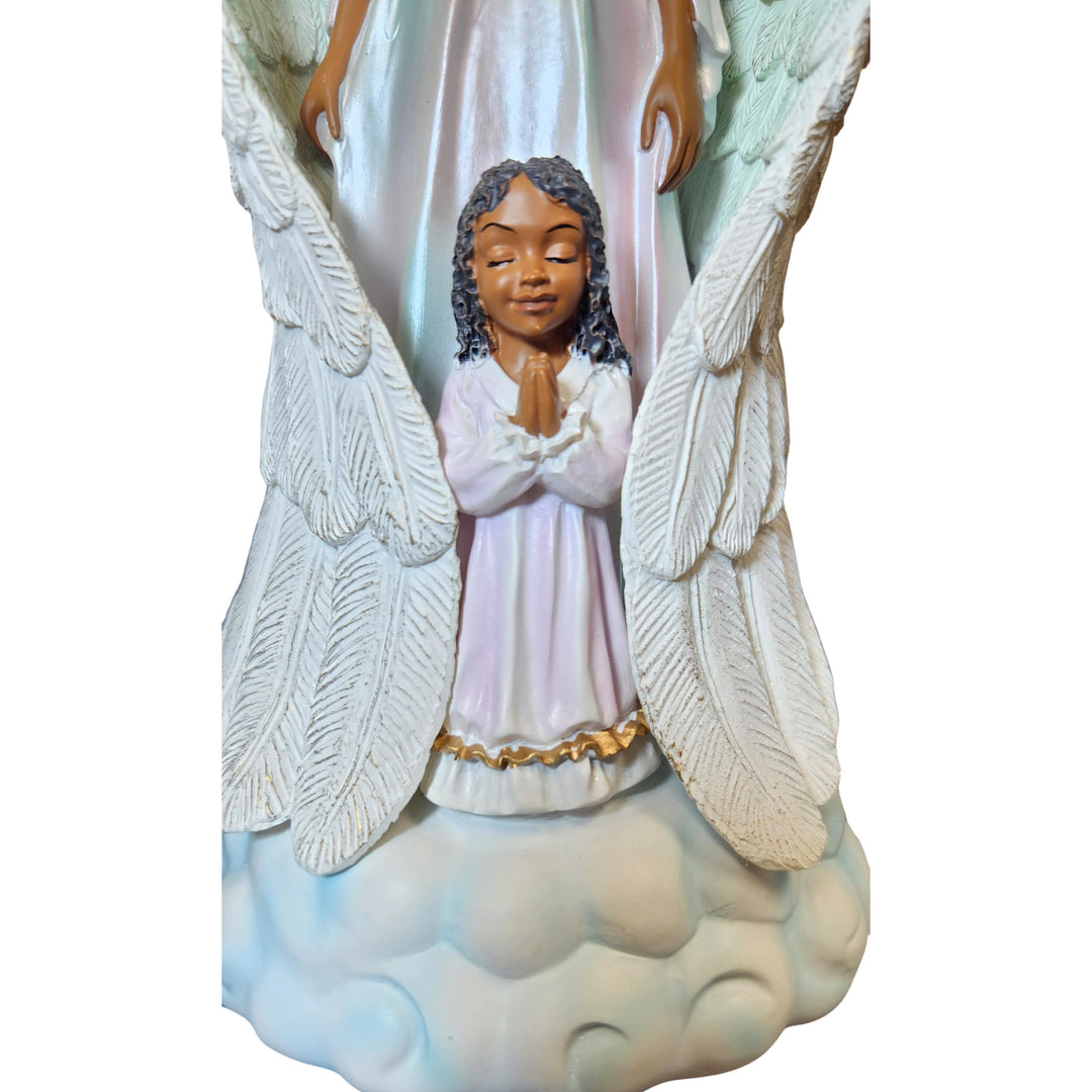 My Protector with Praying Girl: African American Angelic Figurine (Detail Front View)