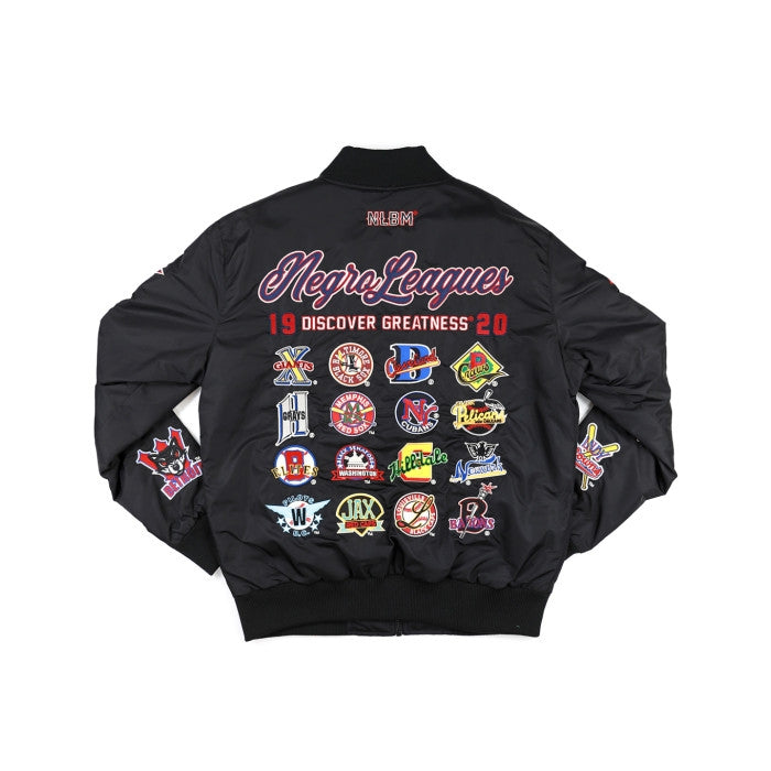 Discover Greatness: Negro Leagues Baseball Commemorative Embroidered Bomber Jacket (Black, Back)