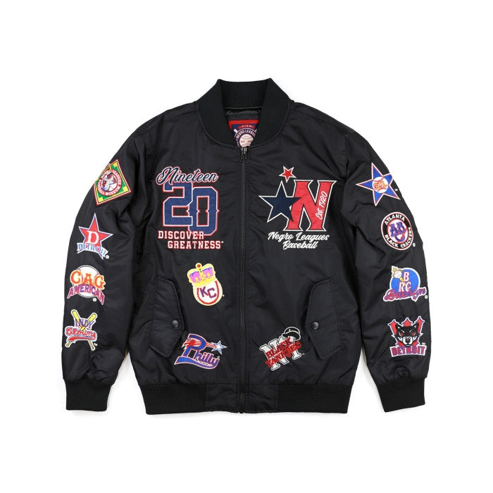 Discover Greatness: Negro Leagues Baseball Commemorative Embroidered Bomber Jacket (Black, Front)