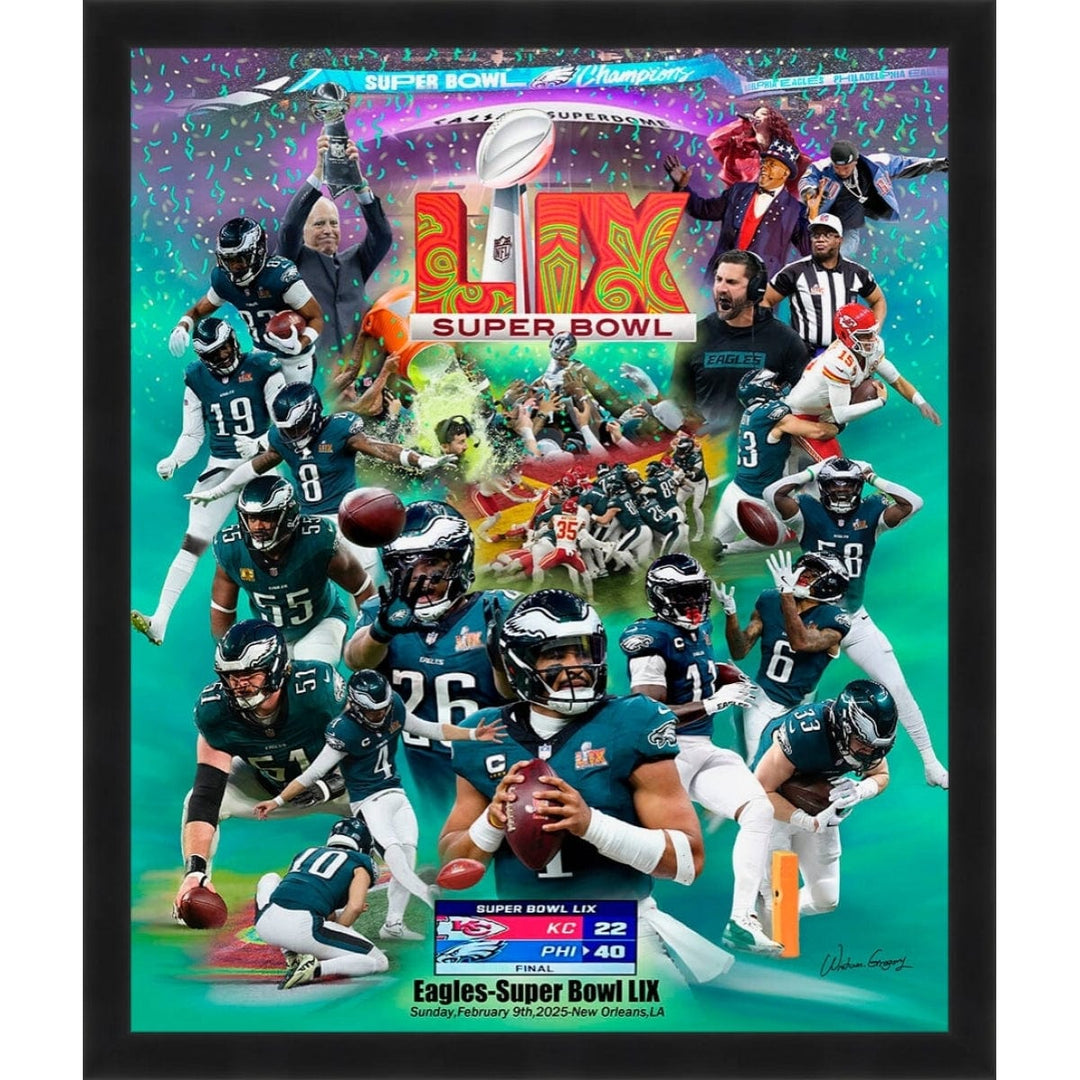 Eagles Super Bowl LIX Victory Commemorative Art Print by Wishum Gregory (24x20 inches, Black Frame)