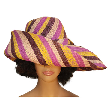 Reyante: Authentic Hand Woven Multicolor Madagascar Big Brim Raffia Sun Hat (Mannequin, Front View)