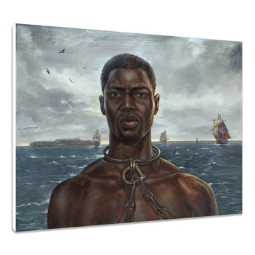 Stolen King by WAK - African man with neck chains facing viewer, slave ships behind him - stretched canvas