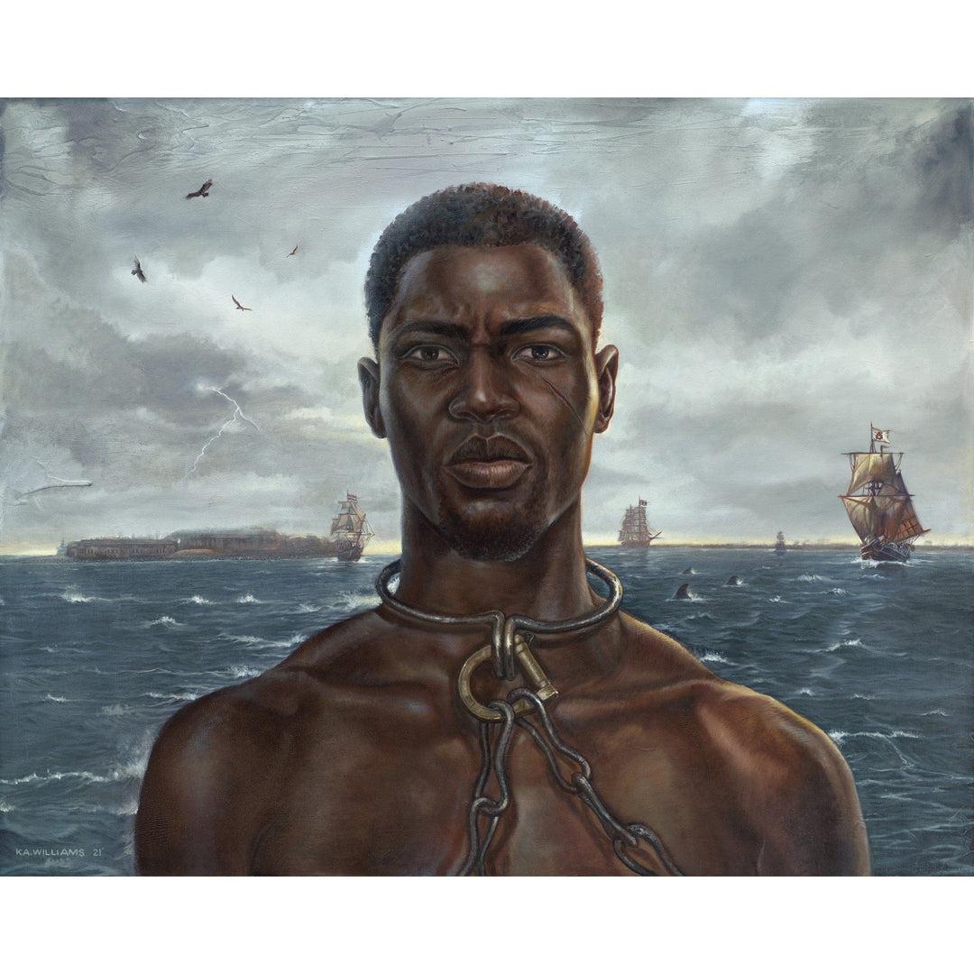 Stolen King by WAK - African man with neck chains facing viewer, slave ships behind him