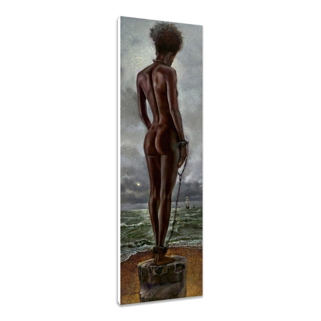 Stolen Treasure by WAK - African woman in chains viewed from behind, facing slave ship on horizon - Streched canvas