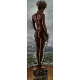 Stolen Treasure by WAK - African woman in chains viewed from behind, facing slave ship on horizon