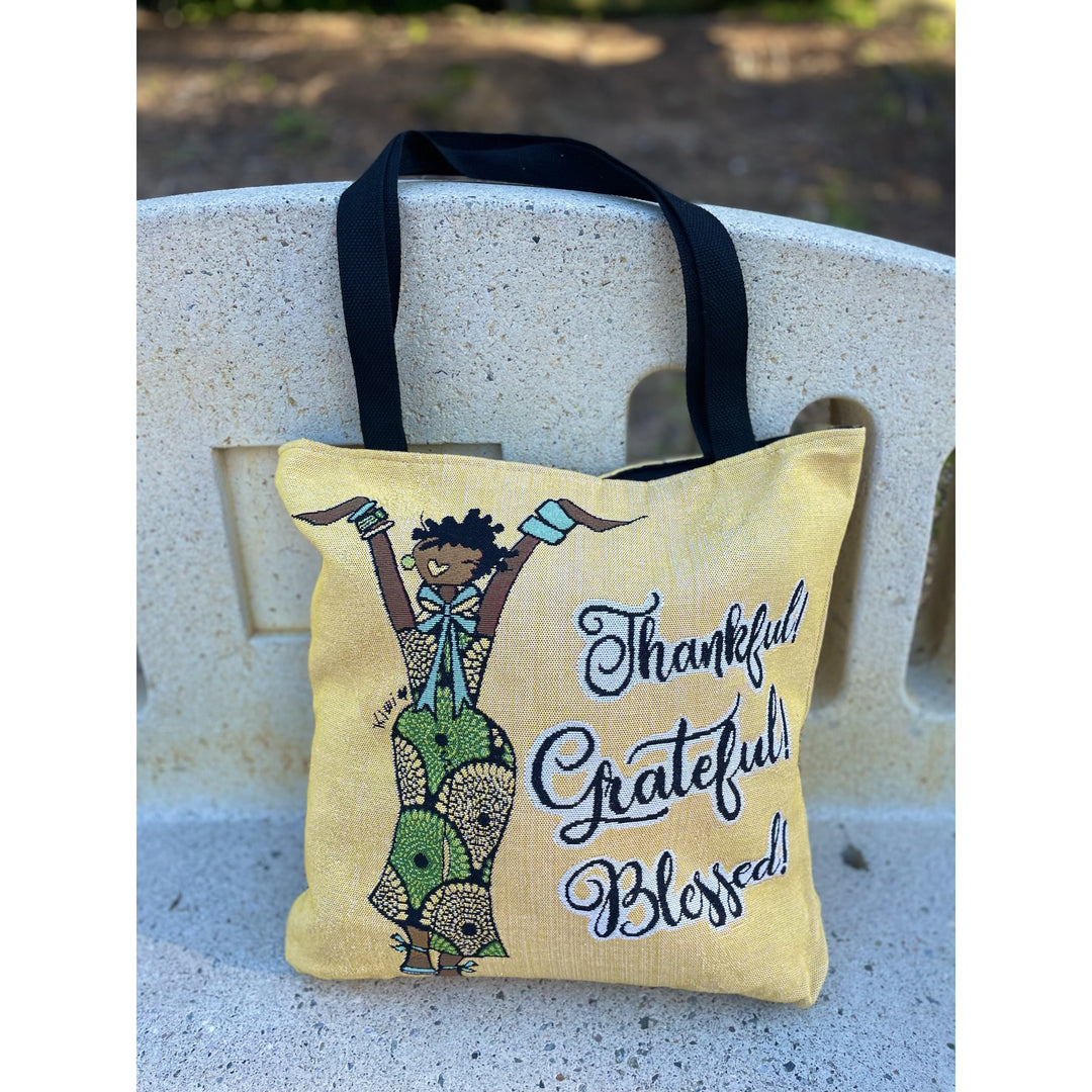 Thankful, Grateful and Blessed: African American Woven Tote Bag by Kiwi McDowell (Lifestyle 3)
