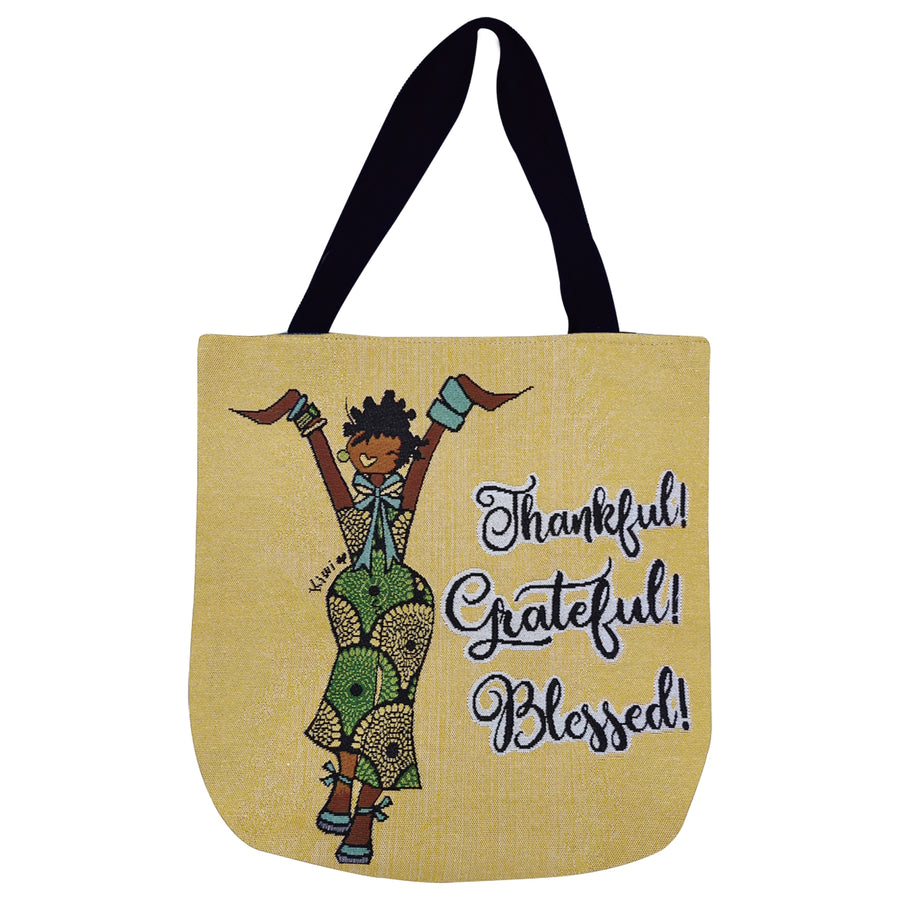 Thankful, Grateful and Blessed: African American Woven Tote Bag by Kiwi McDowell