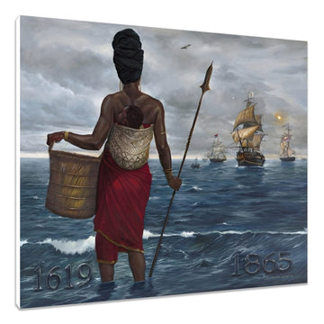 The Gatherer by K.A. Williams II (WAK ) - stretched canvas showing African mother facing slave ships, 1619-1865