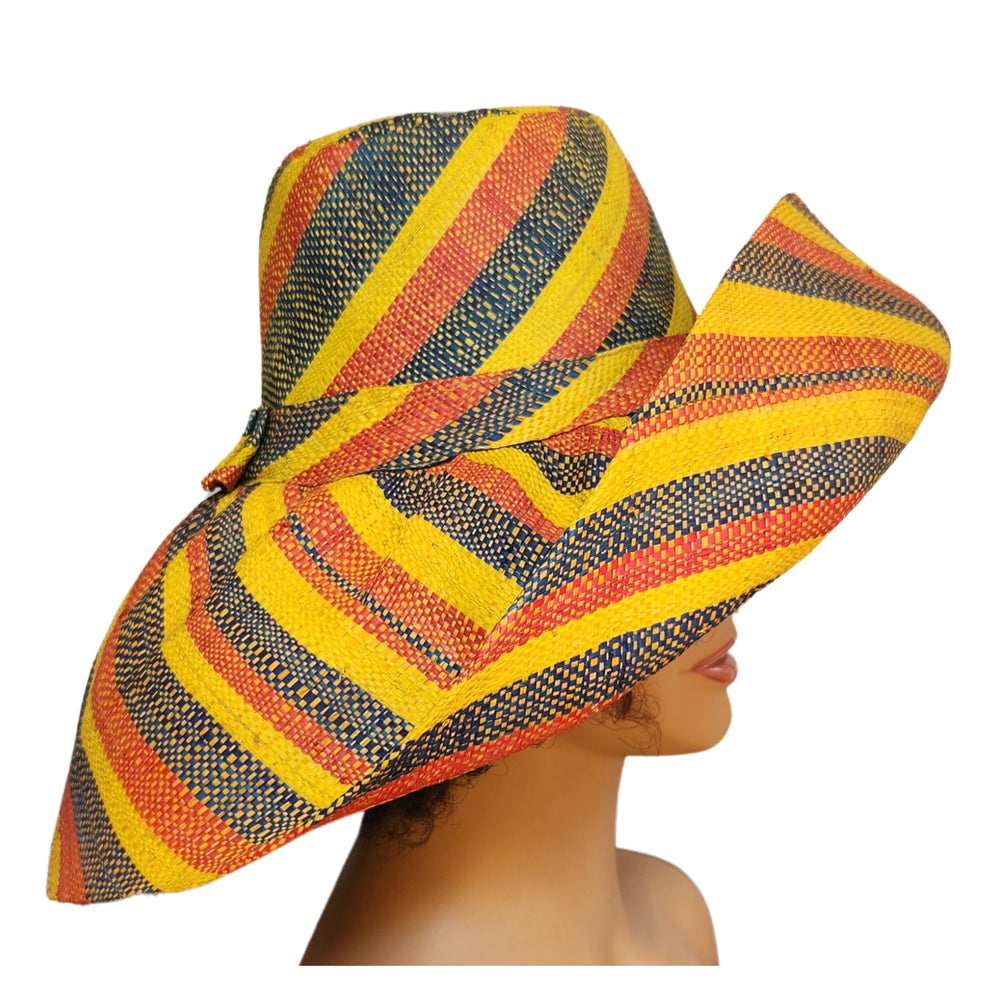 Tiayonna: Authentic Hand Woven Multicolor Madagascar Big Brim Raffia Sun Hat (Mannequin, Side View)