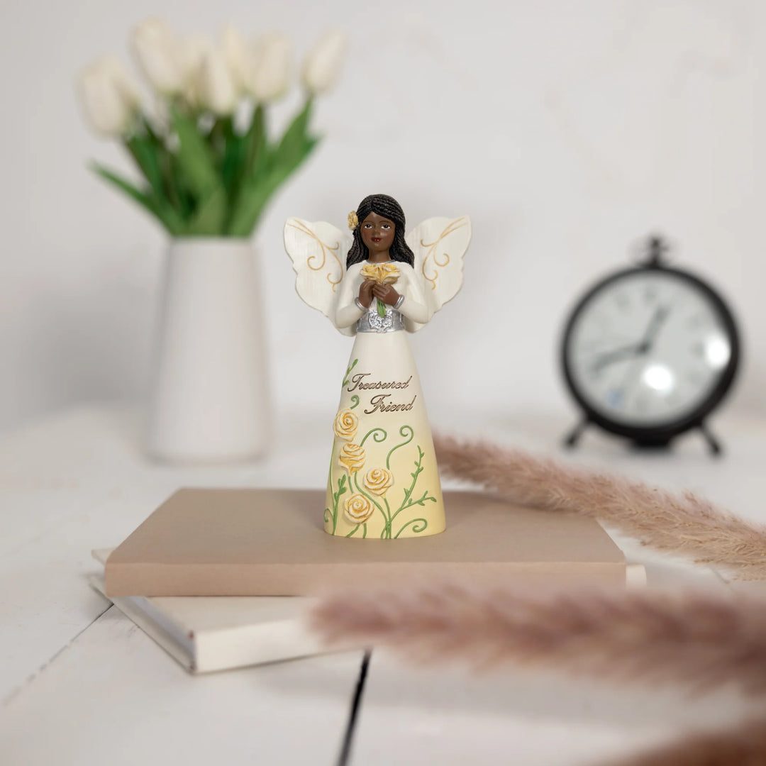 Treasured Friend African American Angelic Figurine Holding Roses (Ebony Elements Collection, Lifestyle View)