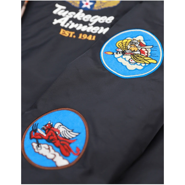 Tuskegee Airmen Squadron Patch Embroidered Bomber Jacket (Black, Detail, Front, Sleeve)