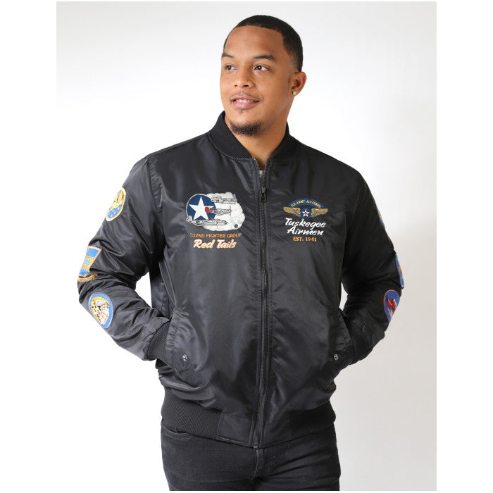 Tuskegee Airmen Squadron Patch Embroidered Bomber Jacket (Black, Lifestyle, Front)