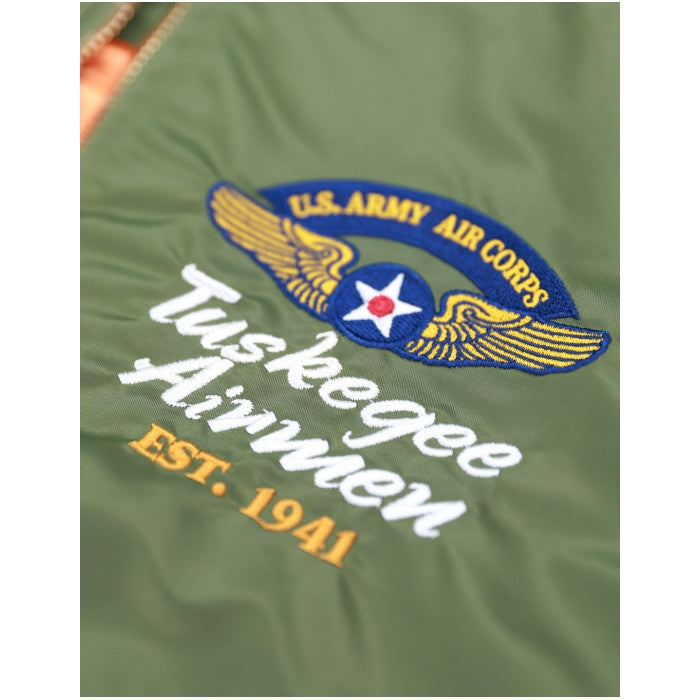 Tuskegee Airmen Squadron Patch Embroidered Bomber Jacket (Army Green, Detail, Front, Left Breast)