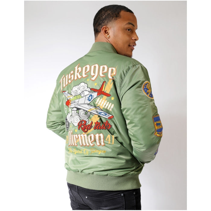 Tuskegee Airmen Squadron Patch Embroidered Bomber Jacket (Army Green, Lifestyle, Rear)