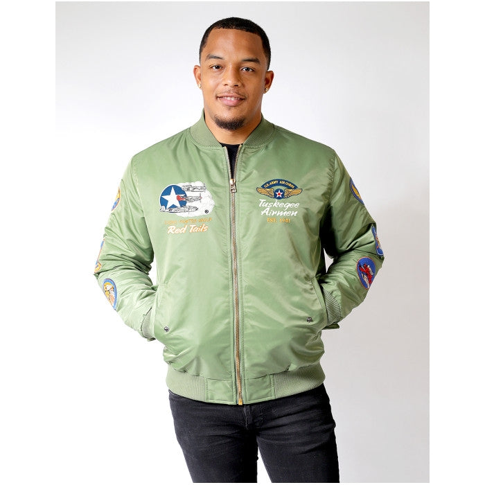 Tuskegee Airmen Squadron Patch Embroidered Bomber Jacket (Army Green, Lifestyle, Front)