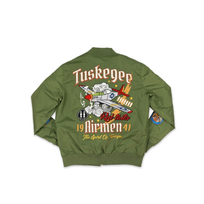 Tuskegee Airmen Squadron Patch Embroidered Bomber Jacket (Army Green, Rear)