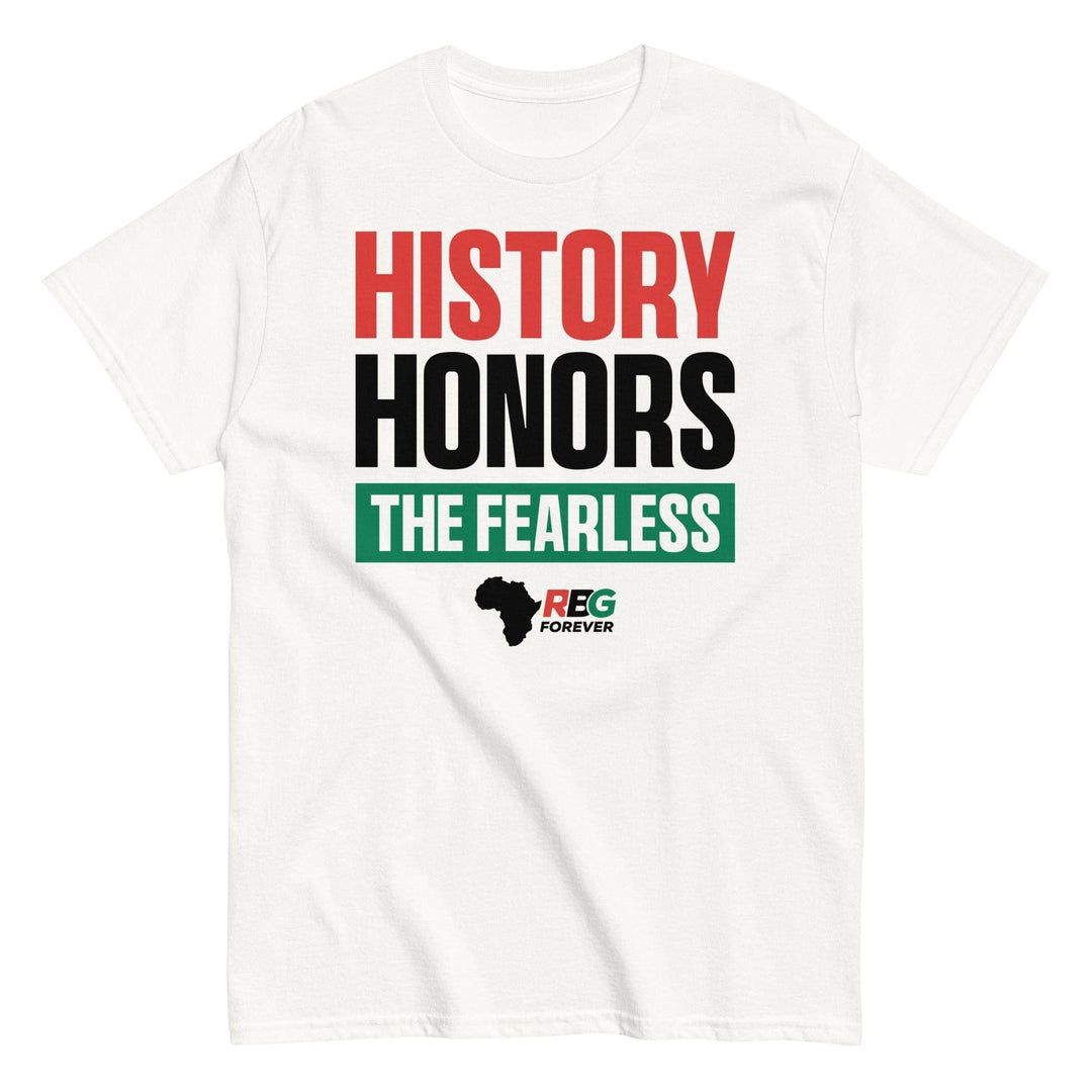 History Honors the Fearless Unisex Short Sleeve T-Shirt (White, Mock Up Image 4)