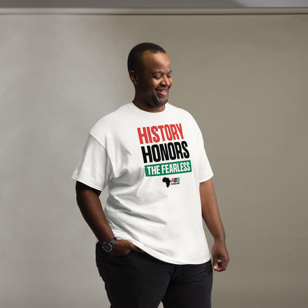 History Honors the Fearless Unisex Short Sleeve T-Shirt (White, Mock Up Image 6)