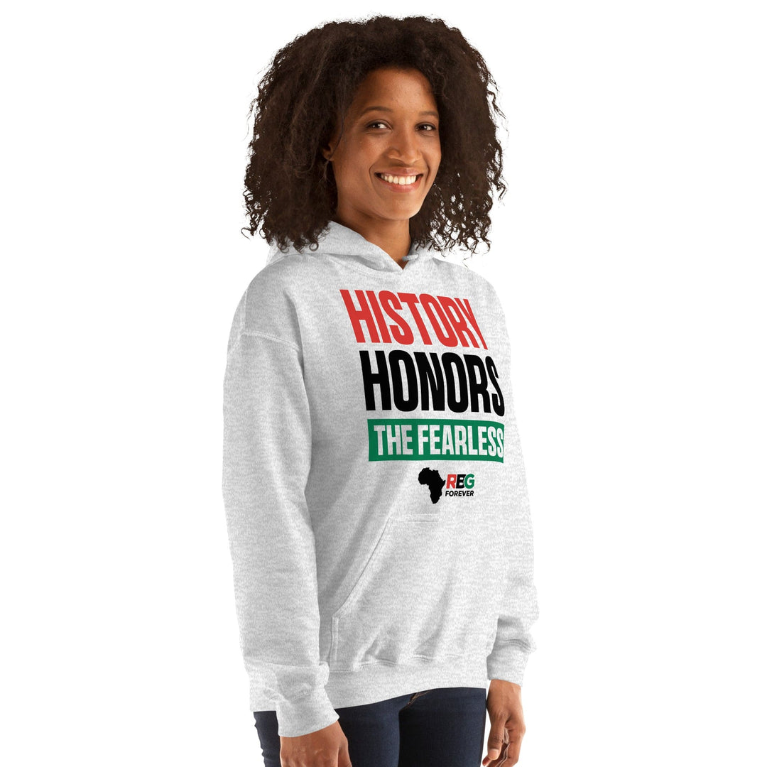 History Honors the Fearless Unisex Hooded Sweatshirt (Ash Mock Up 3)