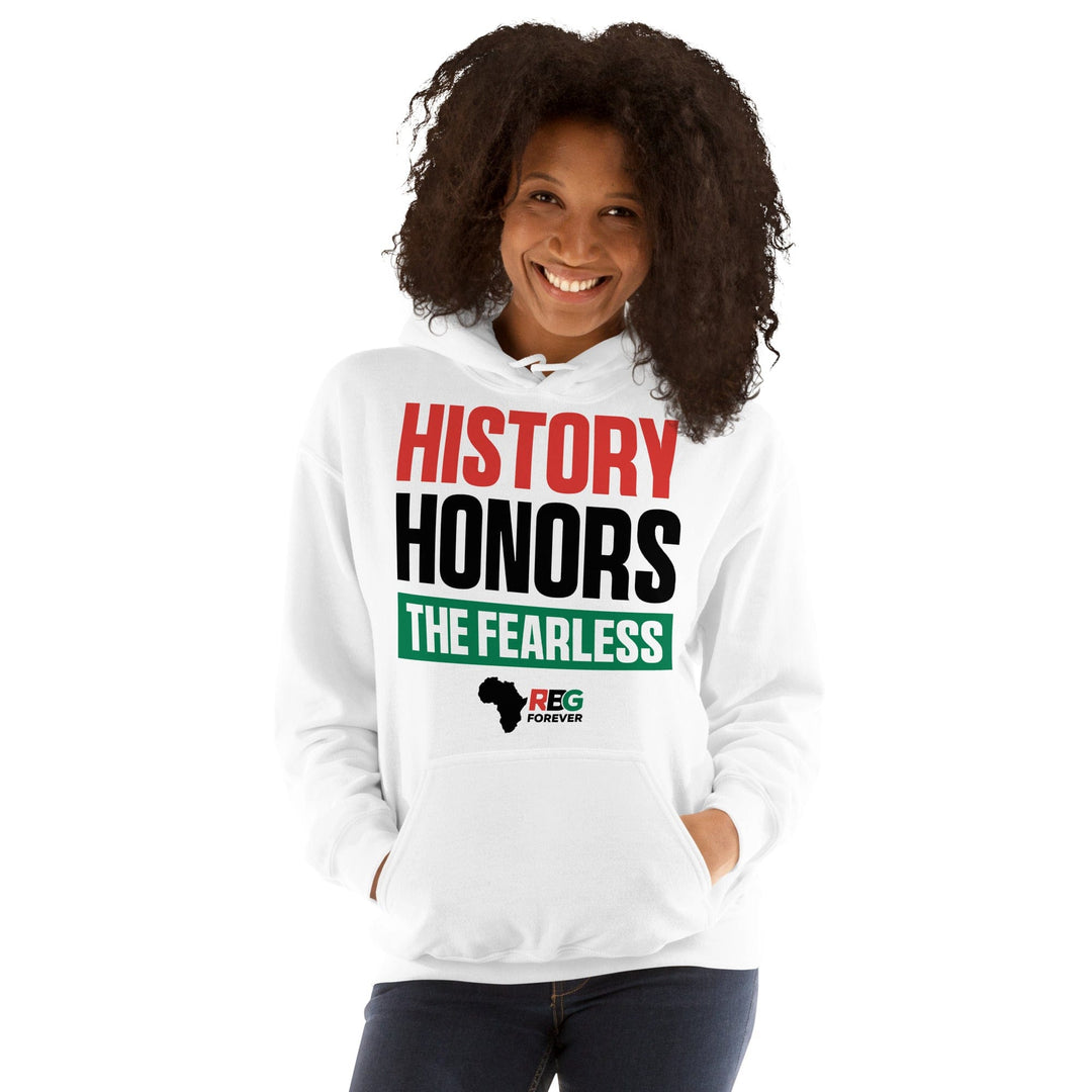 History Honors the Fearless Unisex Hooded Sweatshirt (White Mock Up 5)