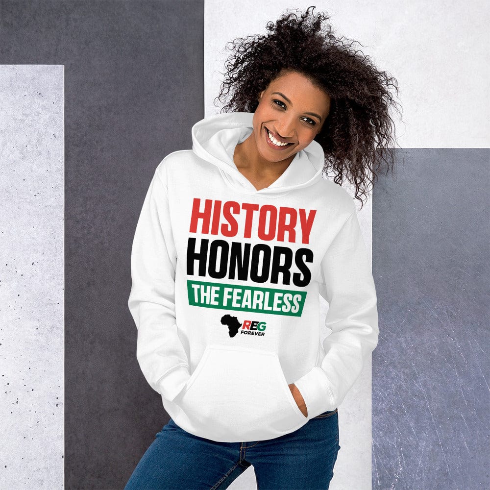 History Honors the Fearless Unisex Hooded Sweatshirt (White Mock Up 10)