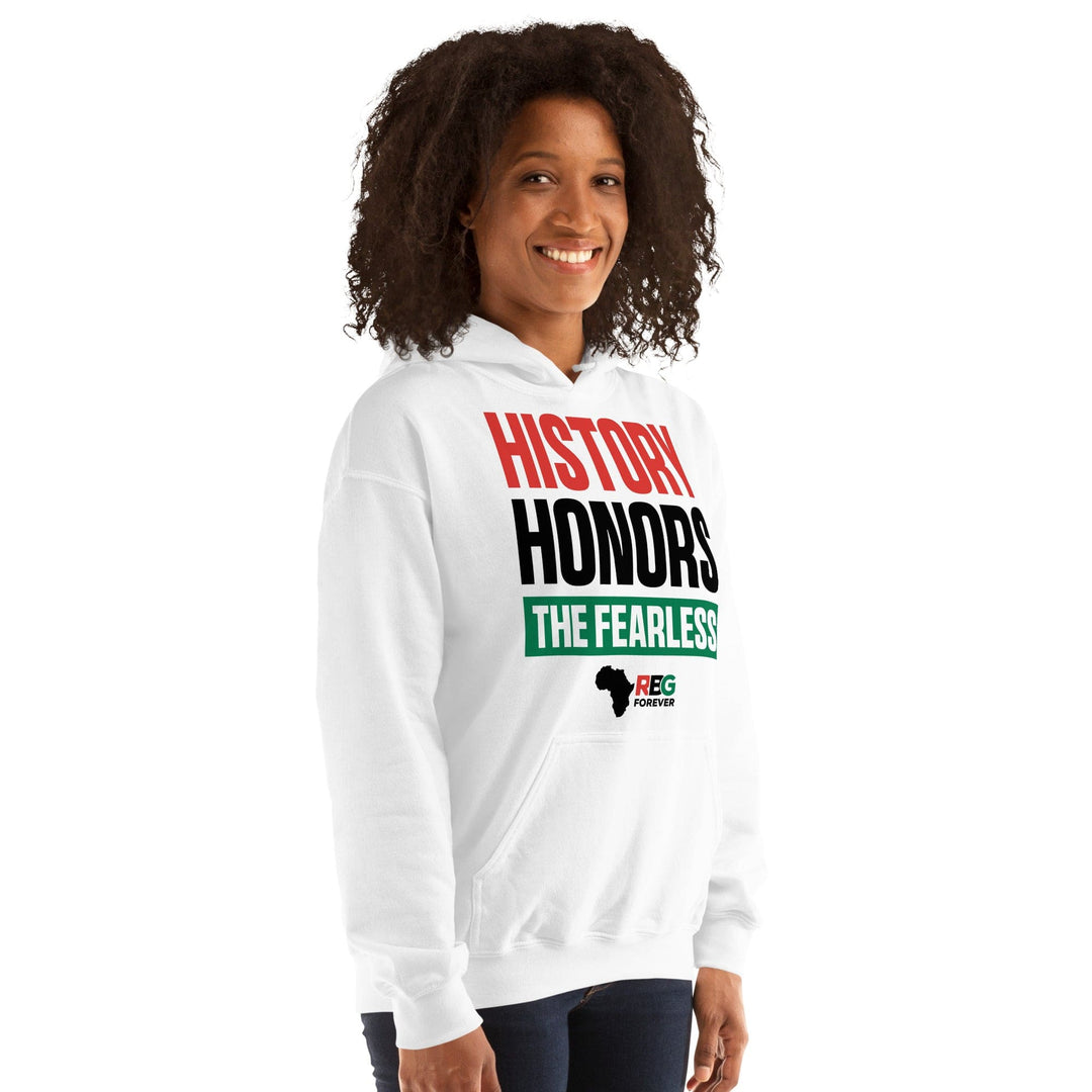 History Honors the Fearless Unisex Hooded Sweatshirt (White Mock Up 1)