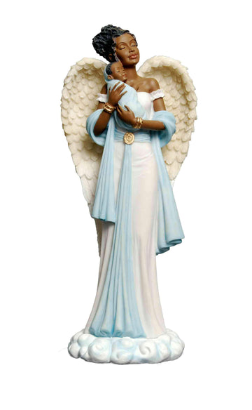 African American Graceful Angel in Blue with Baby Figurine (Boy)